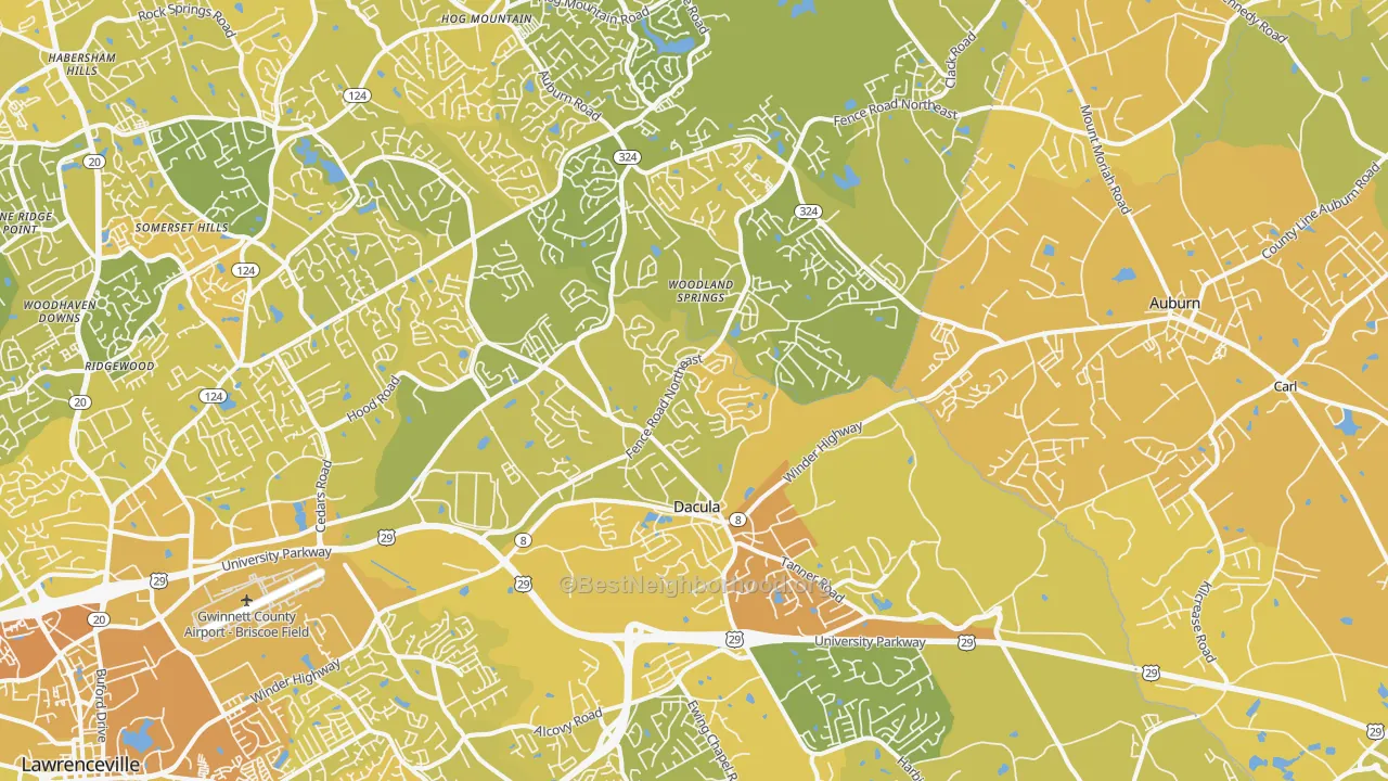 Map of the best neighborhoods in the 30019 area, with better matches in green and worse matches in red