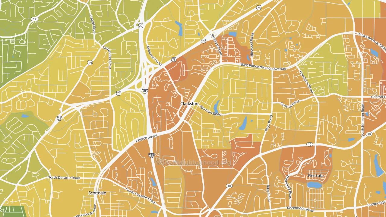Map of the best neighborhoods in the 30021 area, with better matches in green and worse matches in red