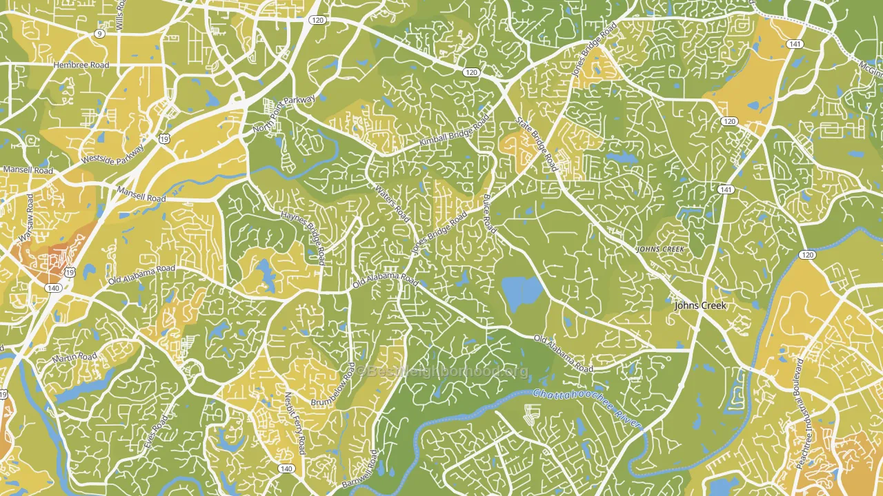 Map of the best neighborhoods in the 30022 area, with better matches in green and worse matches in red