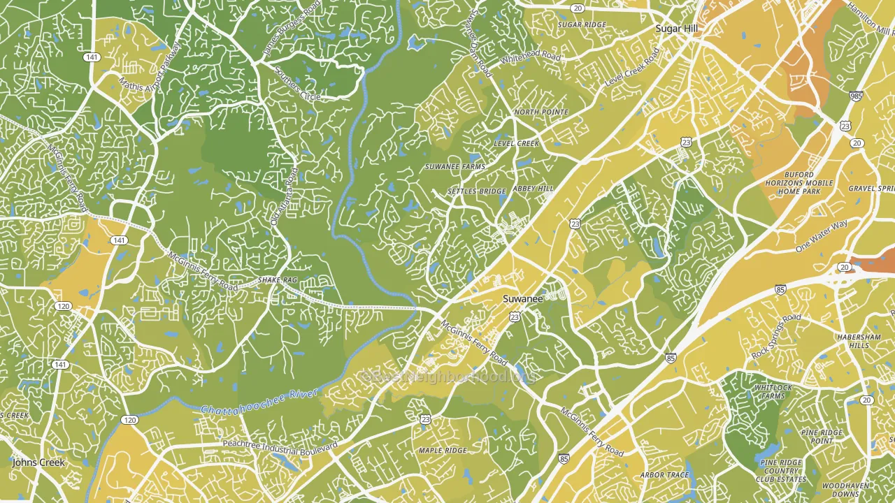 Map of the best neighborhoods in the 30024 area, with better matches in green and worse matches in red