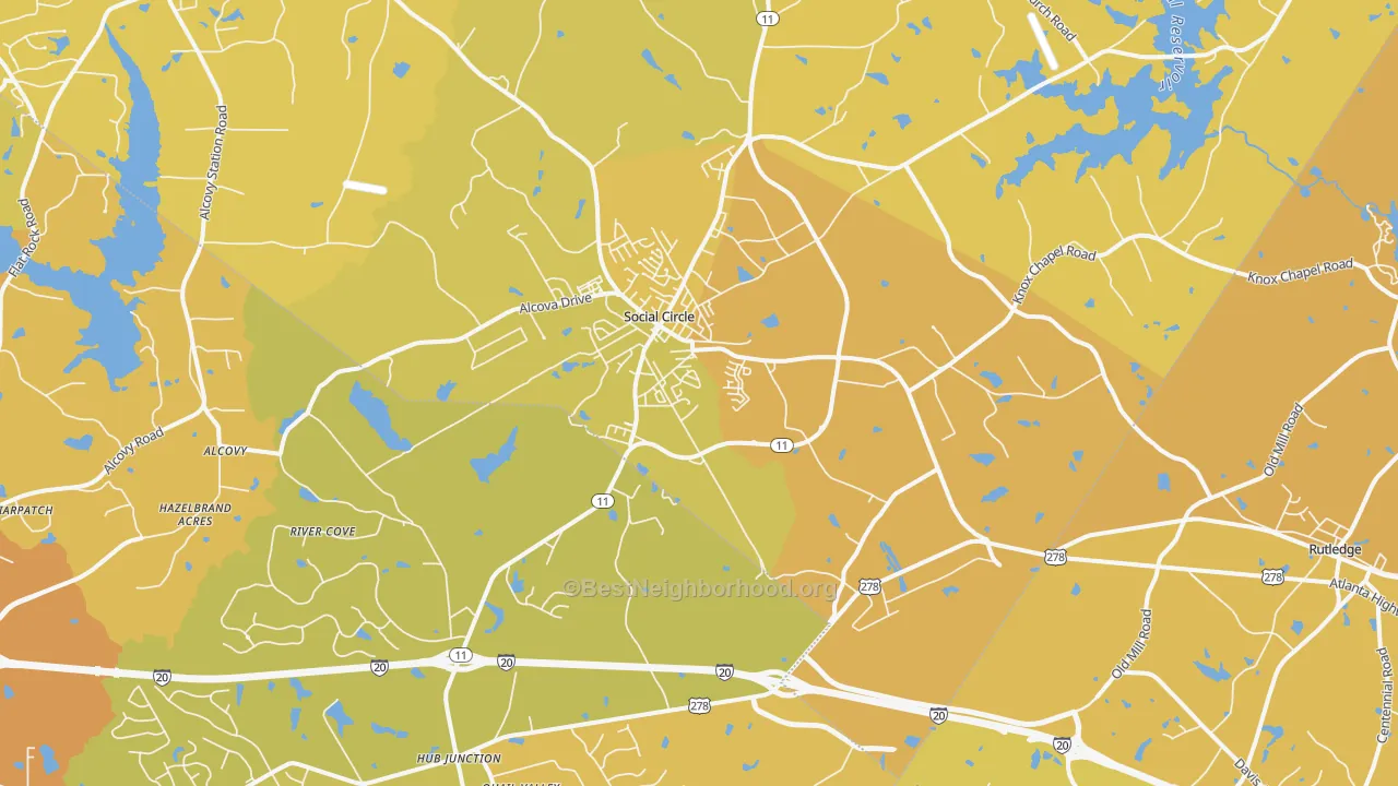 Map of the best neighborhoods in the 30025 area, with better matches in green and worse matches in red