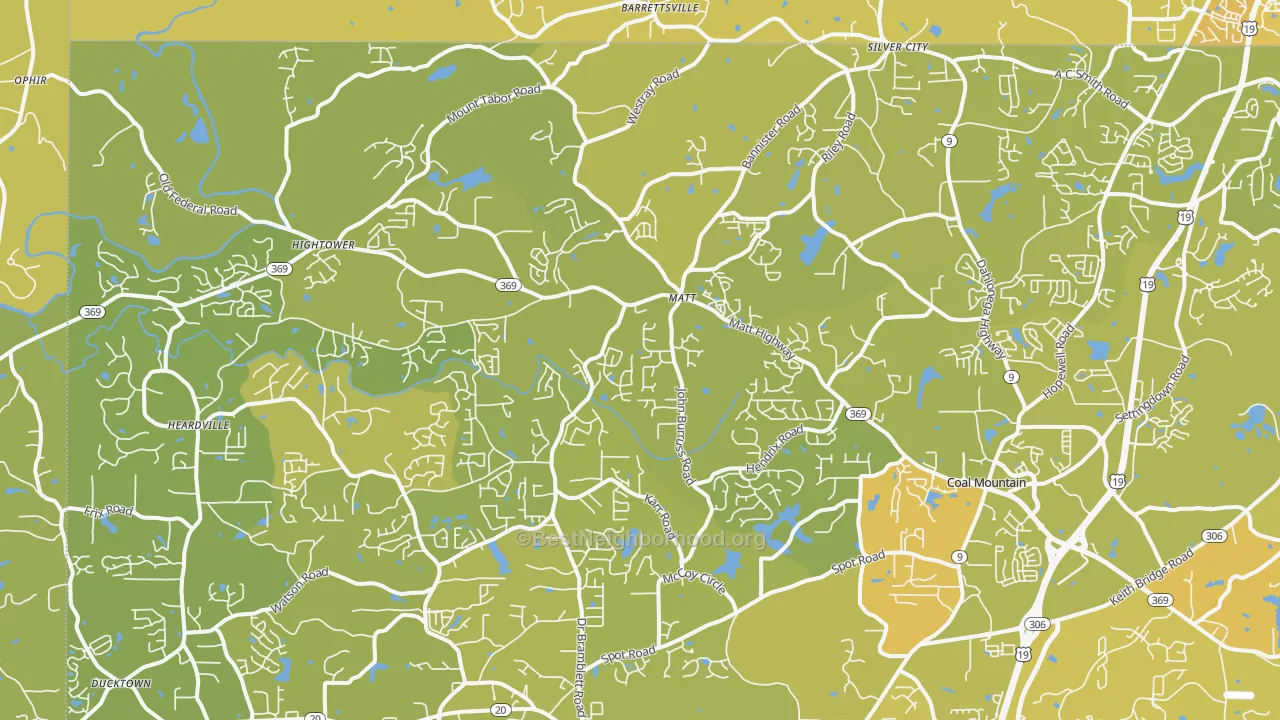 Map of the best neighborhoods in the 30028 area, with better matches in green and worse matches in red