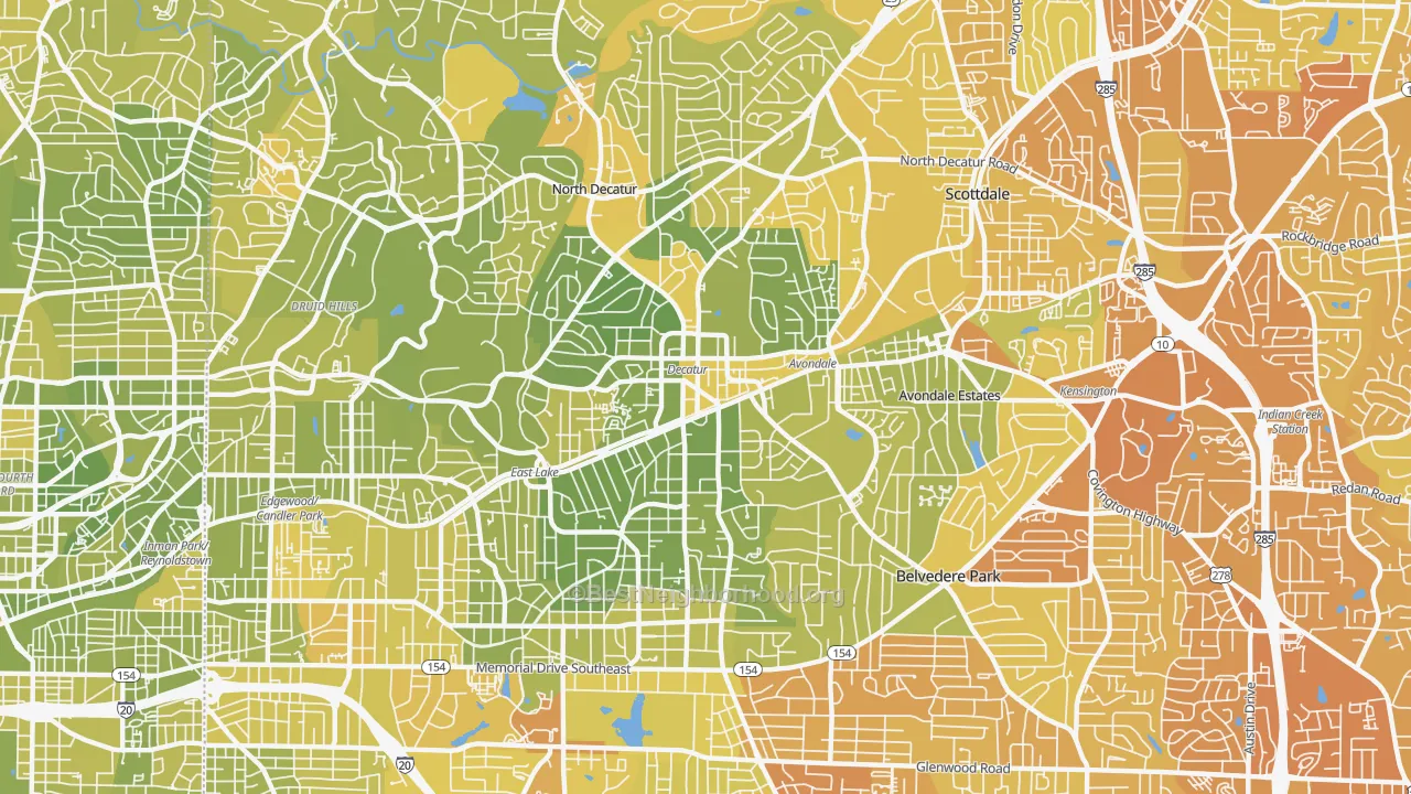 Map of the best neighborhoods in the 30030 area, with better matches in green and worse matches in red