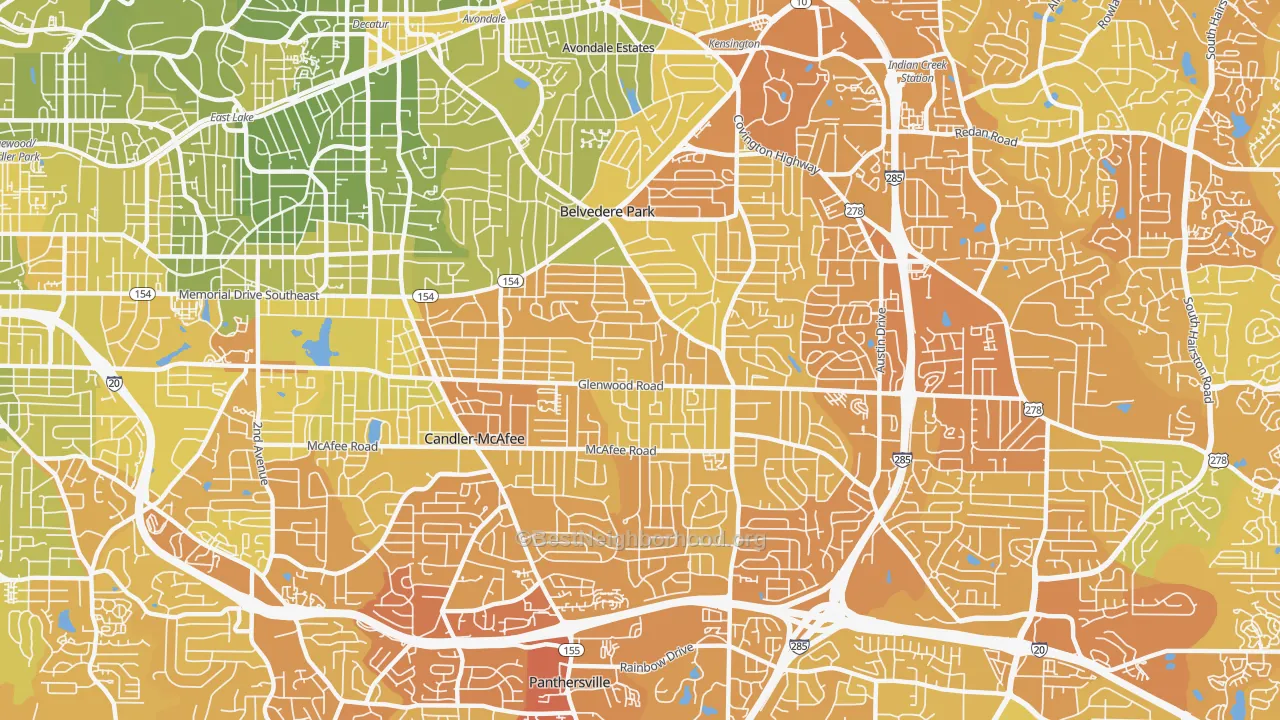 Map of the best neighborhoods in the 30032 area, with better matches in green and worse matches in red