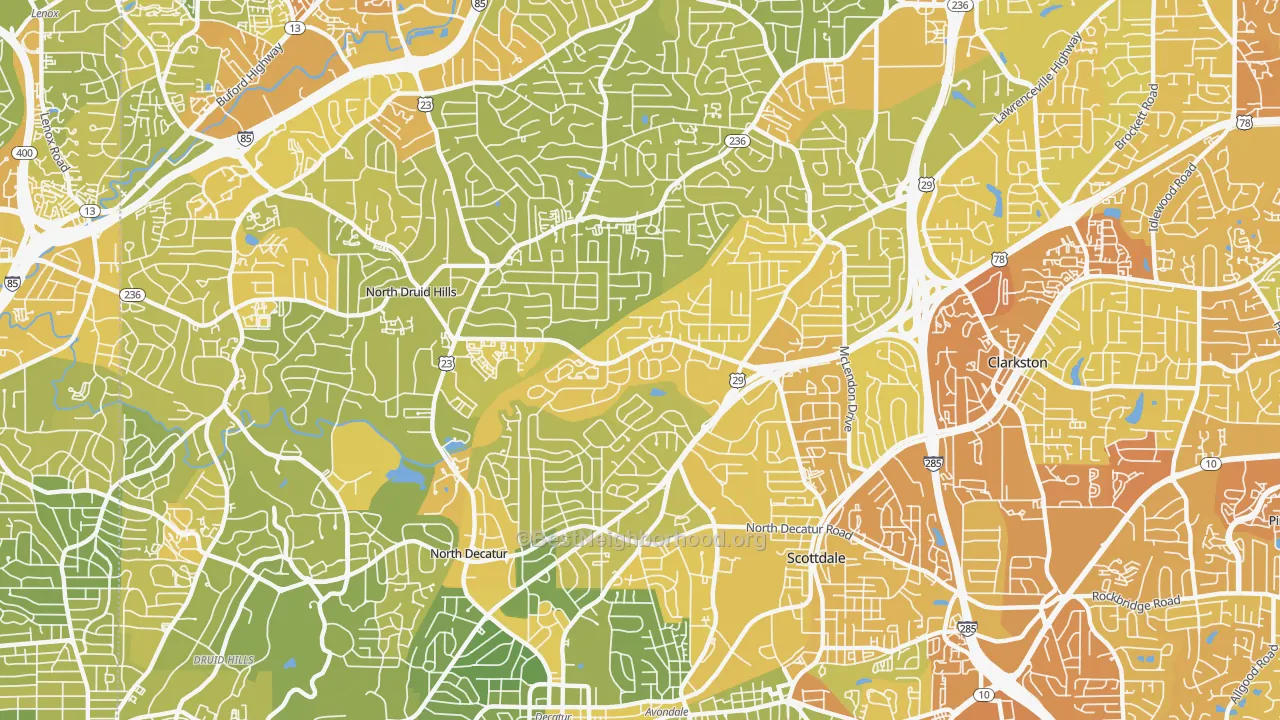 Map of the best neighborhoods in the 30033 area, with better matches in green and worse matches in red