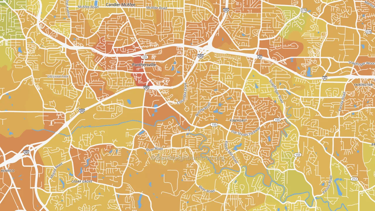 Map of the best neighborhoods in the 30034 area, with better matches in green and worse matches in red