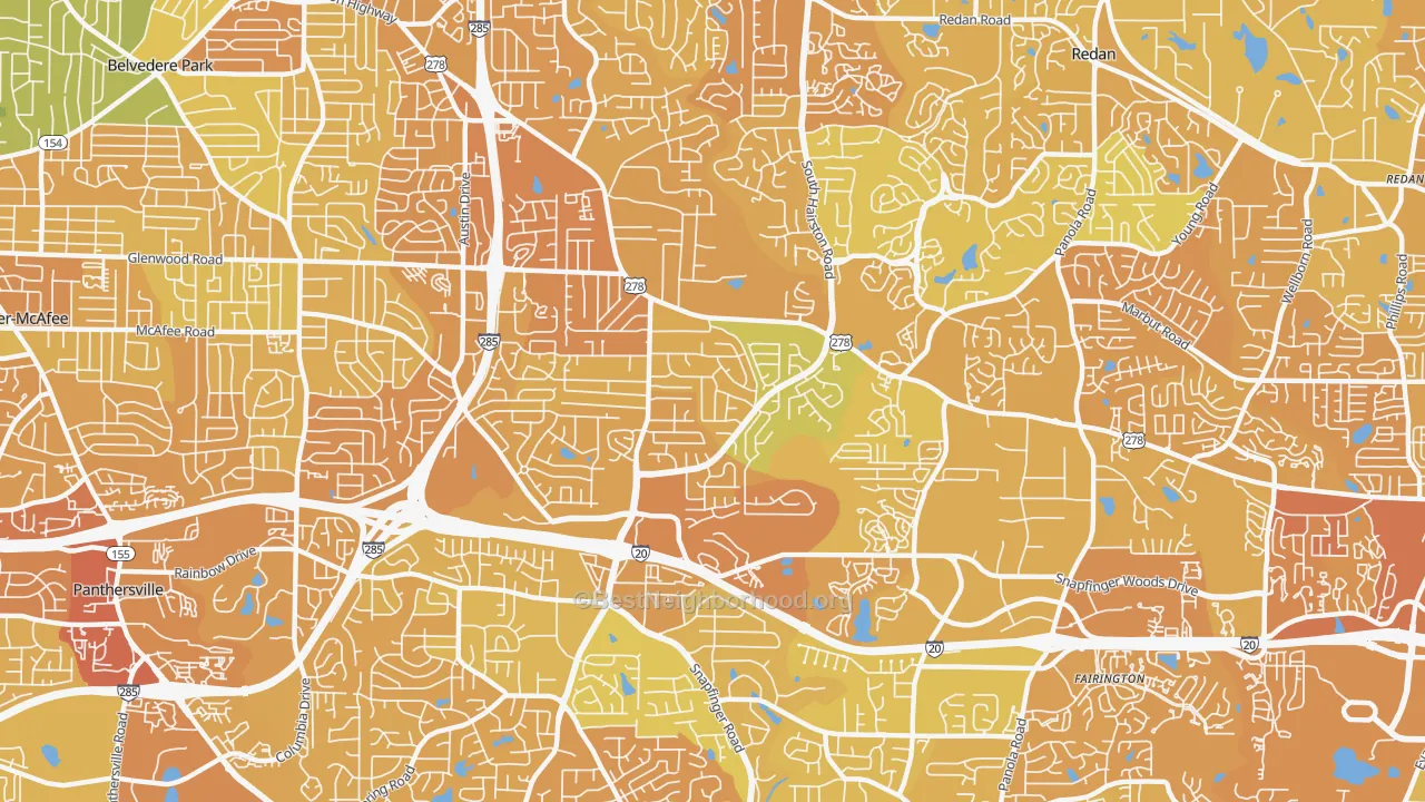 Map of the best neighborhoods in the 30035 area, with better matches in green and worse matches in red