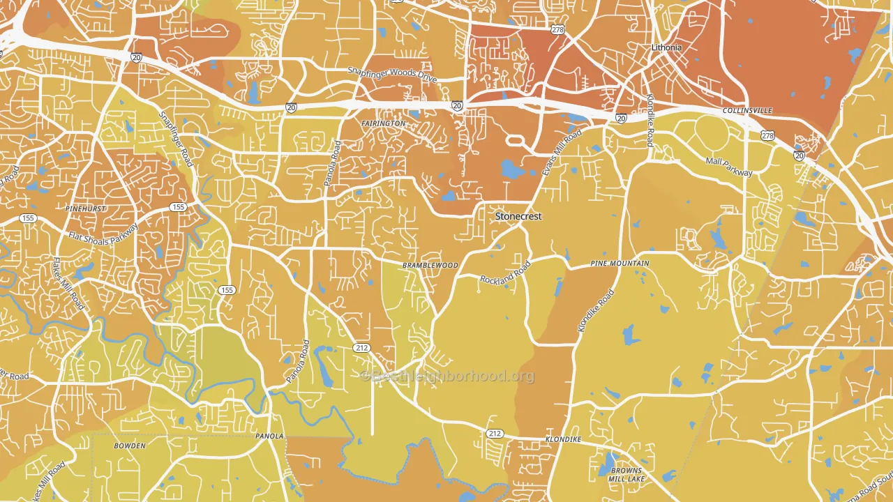 Map of the best neighborhoods in the 30038 area, with better matches in green and worse matches in red