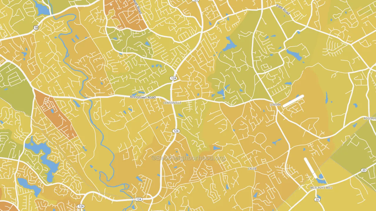 Map of the best neighborhoods in the 30039 area, with better matches in green and worse matches in red