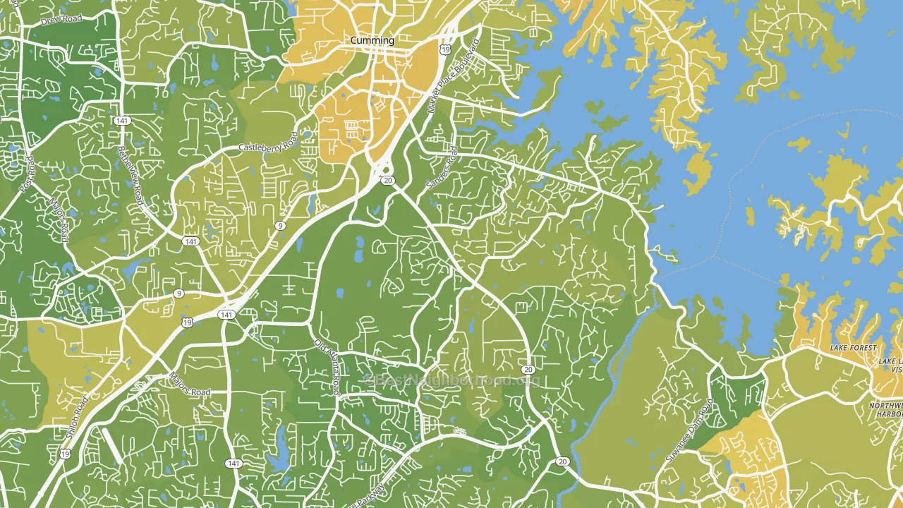 Map of the best neighborhoods in the 30041 area, with better matches in green and worse matches in red