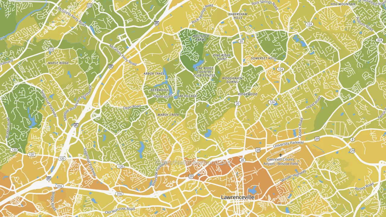 Map of the best neighborhoods in the 30043 area, with better matches in green and worse matches in red