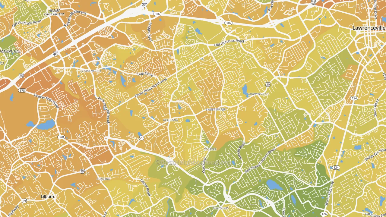 Map of the best neighborhoods in the 30044 area, with better matches in green and worse matches in red