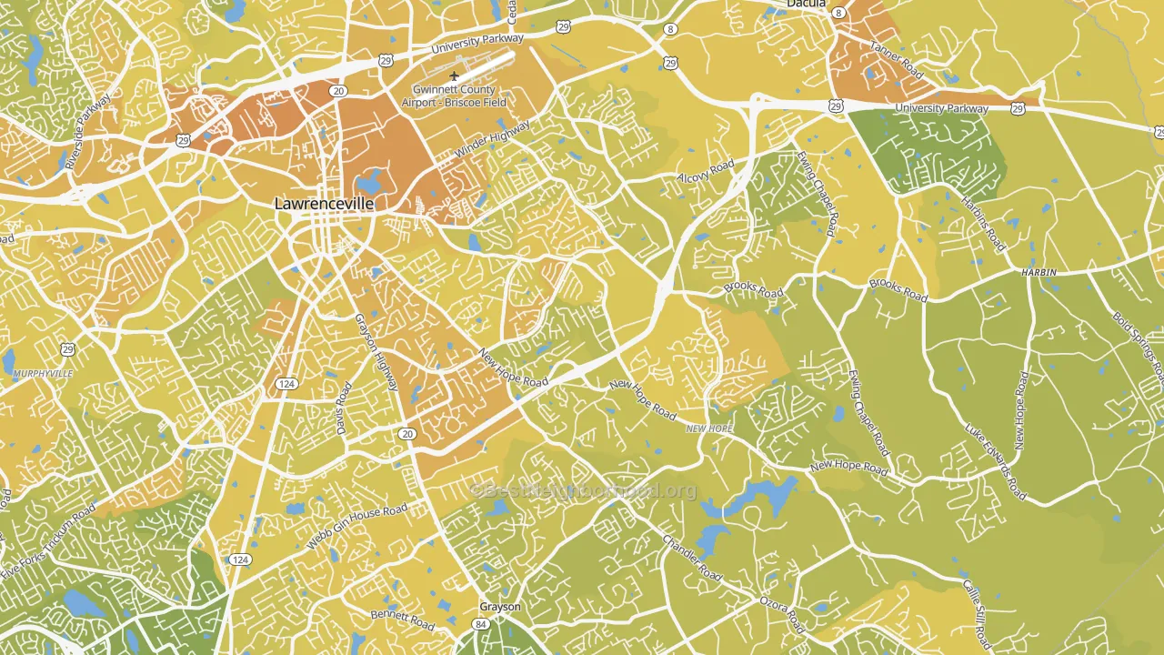 Map of the best neighborhoods in the 30045 area, with better matches in green and worse matches in red