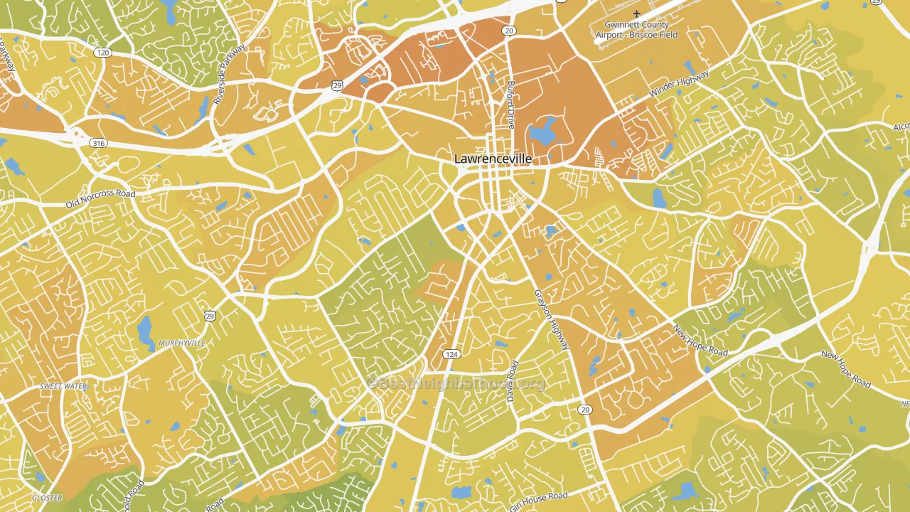 Map of the best neighborhoods in the 30046 area, with better matches in green and worse matches in red