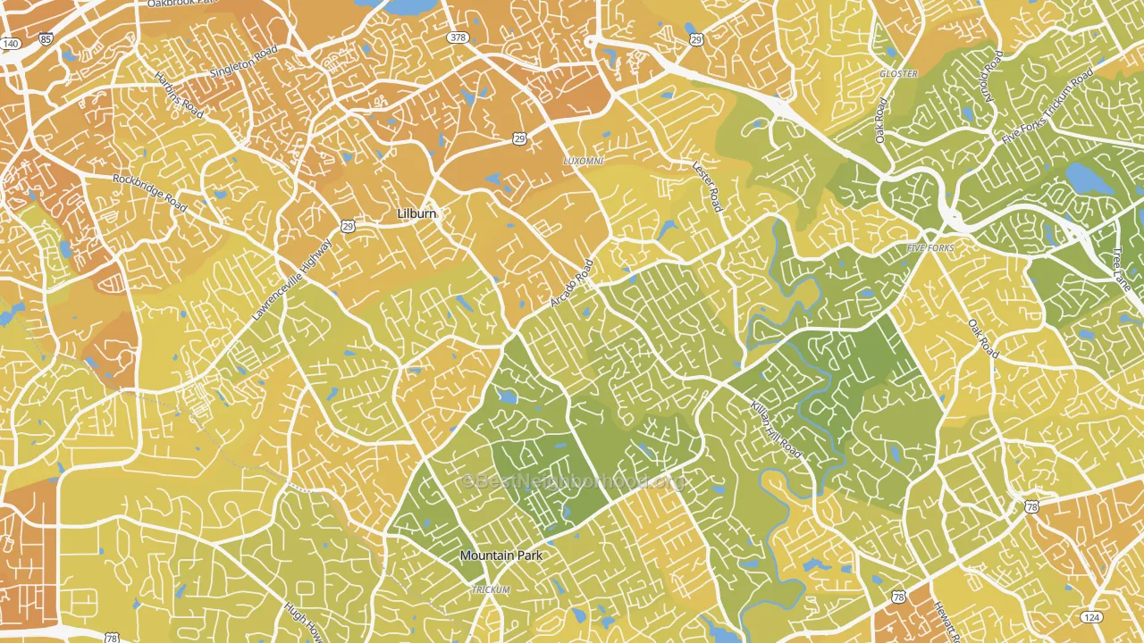Map of the best neighborhoods in the 30047 area, with better matches in green and worse matches in red