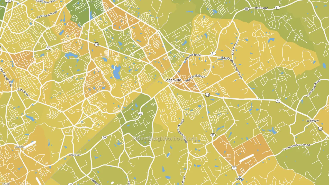 Map of the best neighborhoods in the 30052 area, with better matches in green and worse matches in red