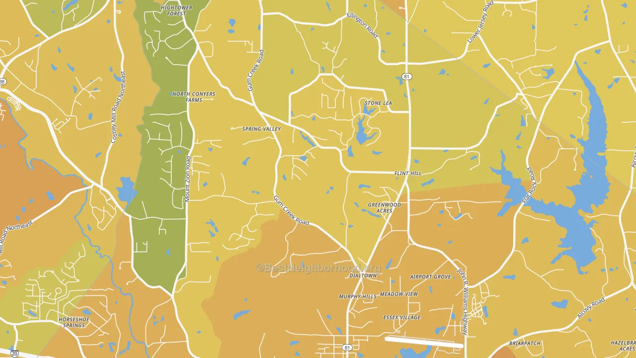 Map of the best neighborhoods in the 30054 area, with better matches in green and worse matches in red