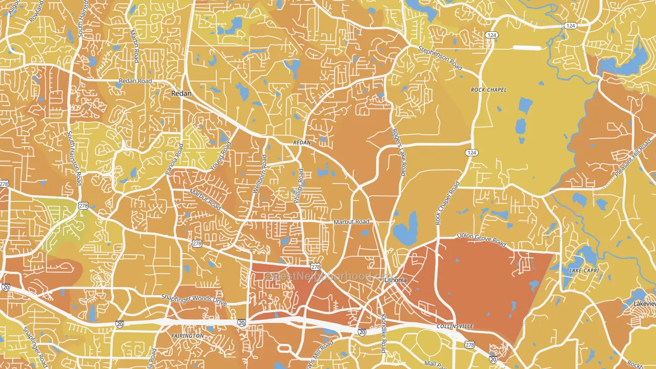 Map of the best neighborhoods in the 30058 area, with better matches in green and worse matches in red