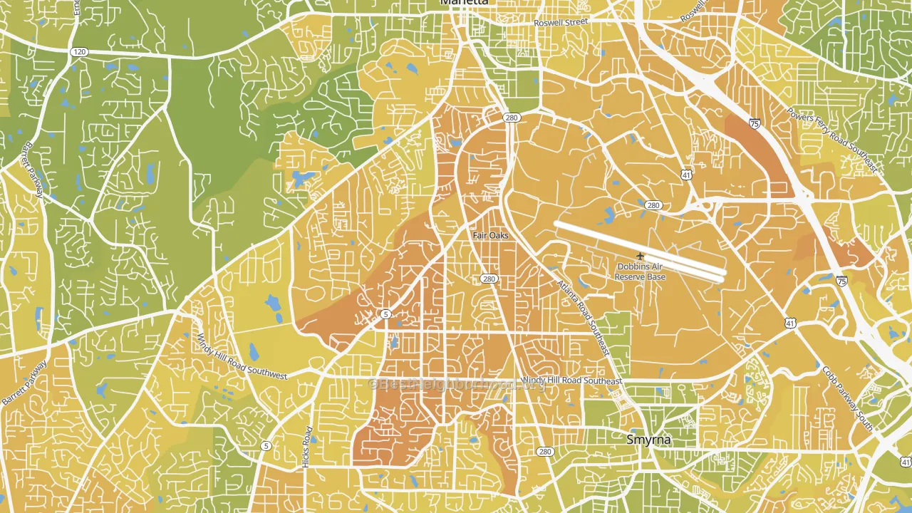 Map of the best neighborhoods in the 30060 area, with better matches in green and worse matches in red