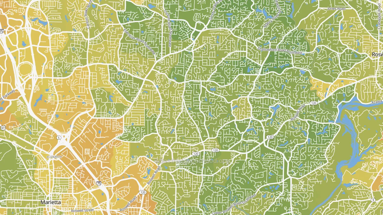Map of the best neighborhoods in the 30062 area, with better matches in green and worse matches in red