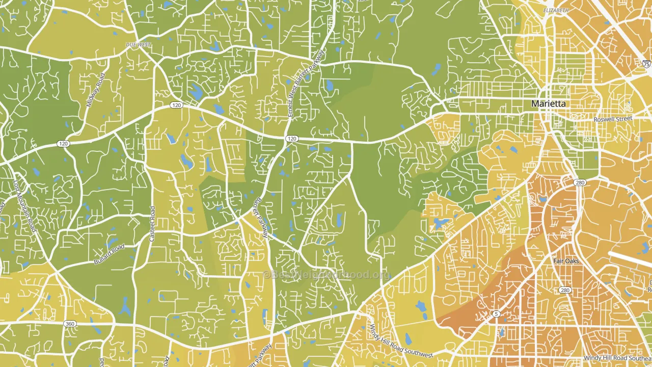 Map of the best neighborhoods in the 30064 area, with better matches in green and worse matches in red