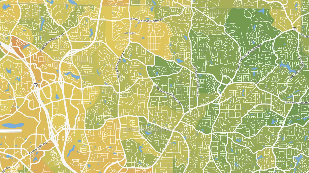 Map of the best neighborhoods in the 30066 area, with better matches in green and worse matches in red