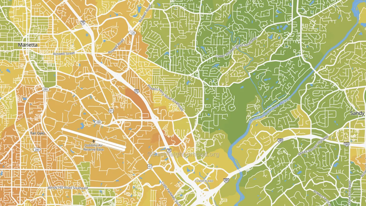 Map of the best neighborhoods in the 30067 area, with better matches in green and worse matches in red
