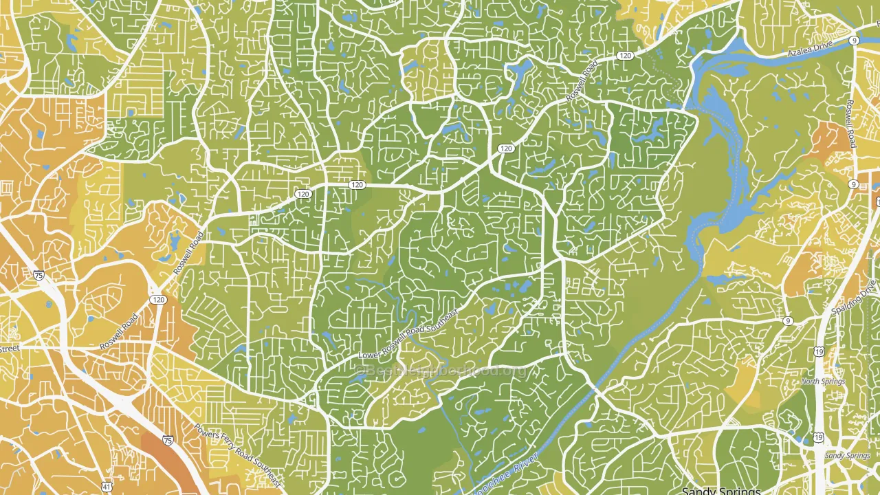 Map of the best neighborhoods in the 30068 area, with better matches in green and worse matches in red