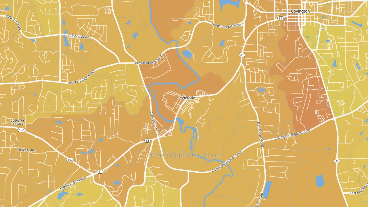Map of the best neighborhoods in the 30070 area, with better matches in green and worse matches in red