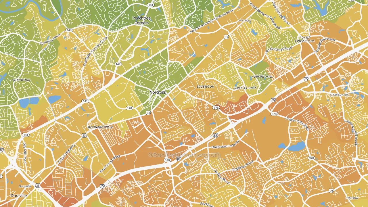 Map of the best neighborhoods in the 30071 area, with better matches in green and worse matches in red