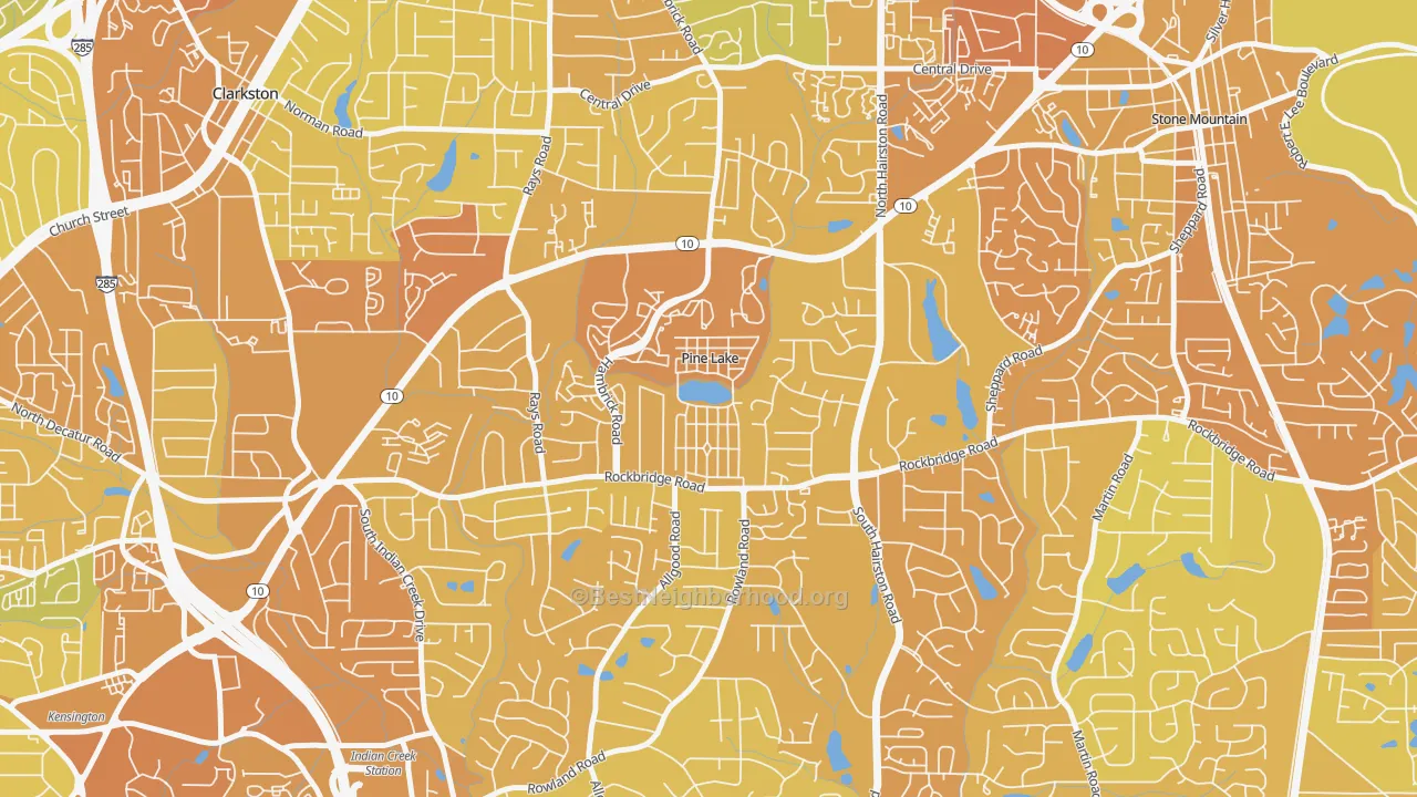 Map of the best neighborhoods in the 30072 area, with better matches in green and worse matches in red