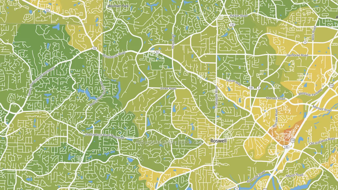 Map of the best neighborhoods in the 30075 area, with better matches in green and worse matches in red