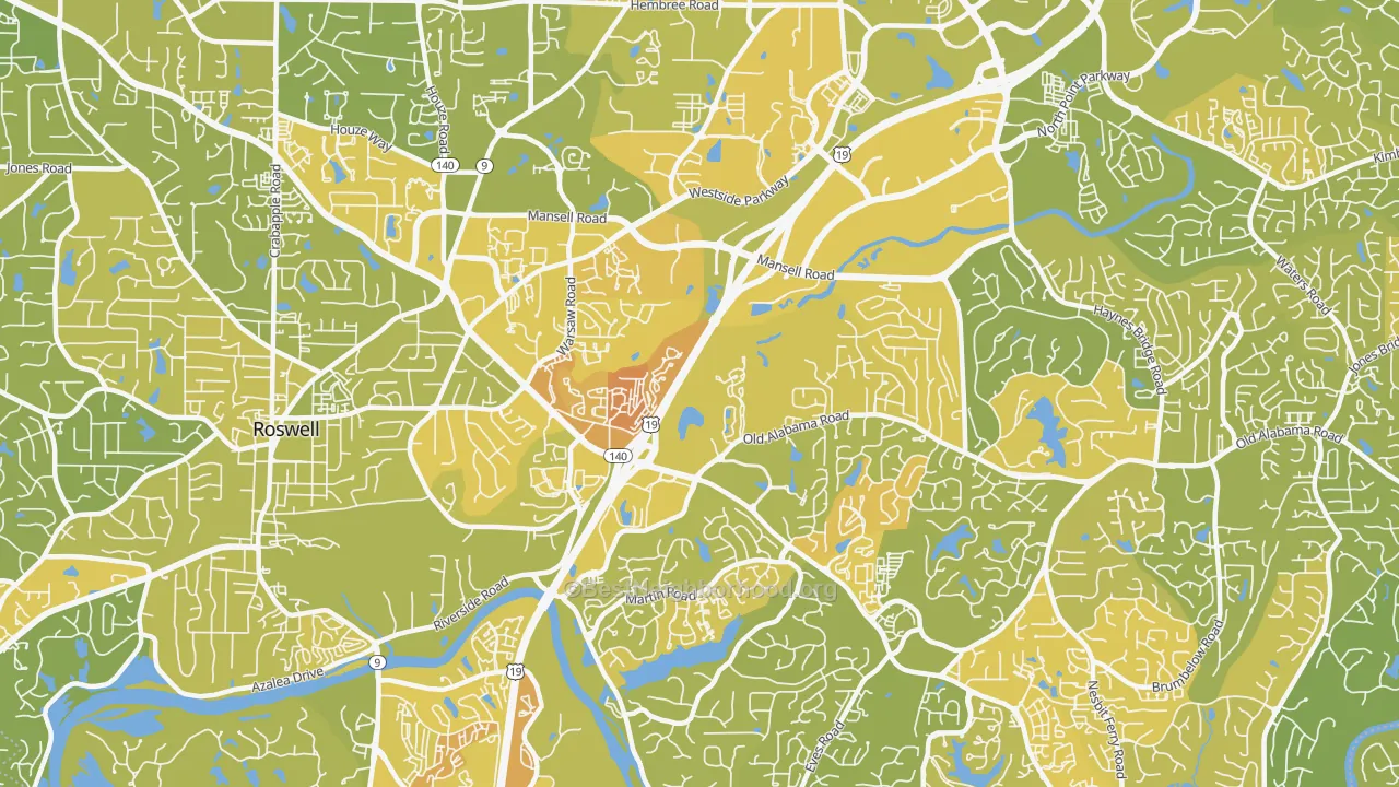 Map of the best neighborhoods in the 30076 area, with better matches in green and worse matches in red