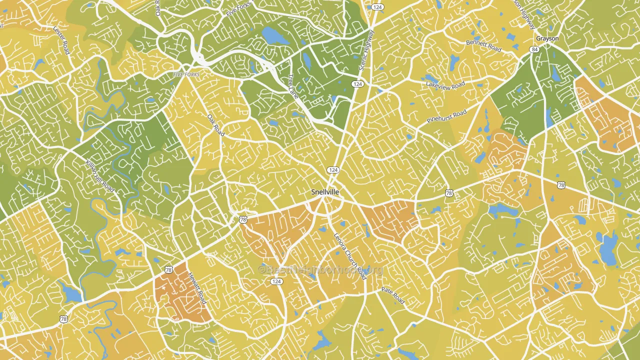 Map of the best neighborhoods in the 30078 area, with better matches in green and worse matches in red