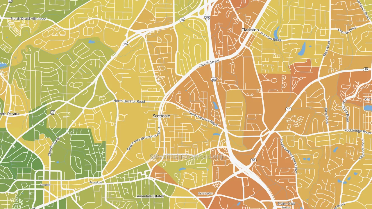 Map of the best neighborhoods in the 30079 area, with better matches in green and worse matches in red