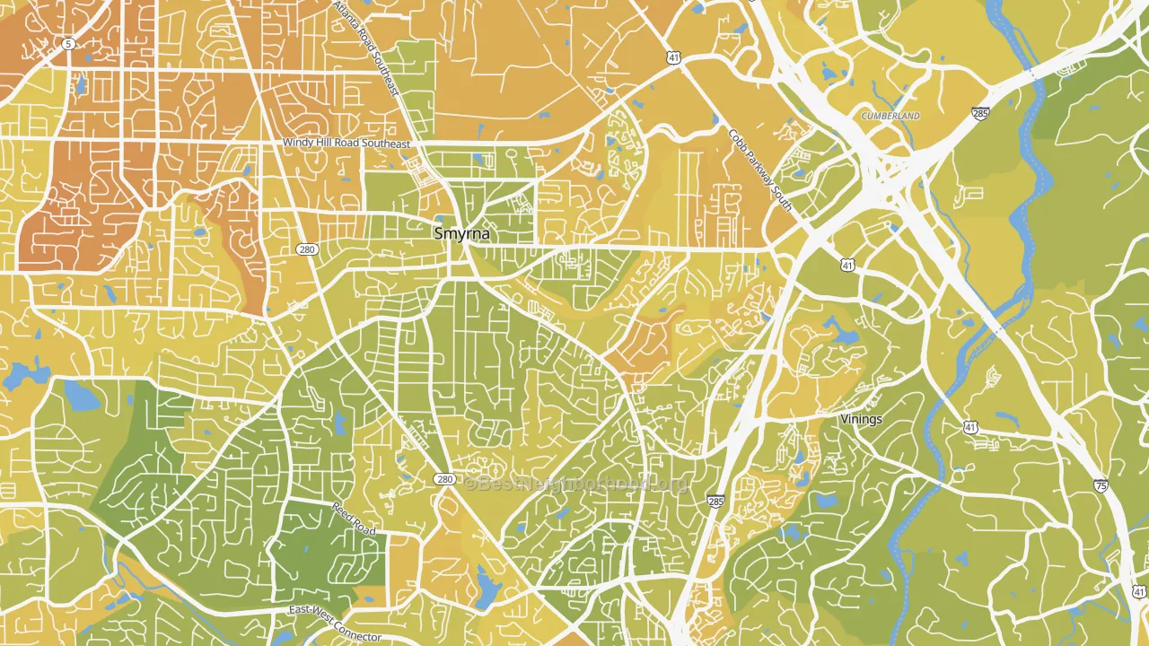 Map of the best neighborhoods in the 30080 area, with better matches in green and worse matches in red