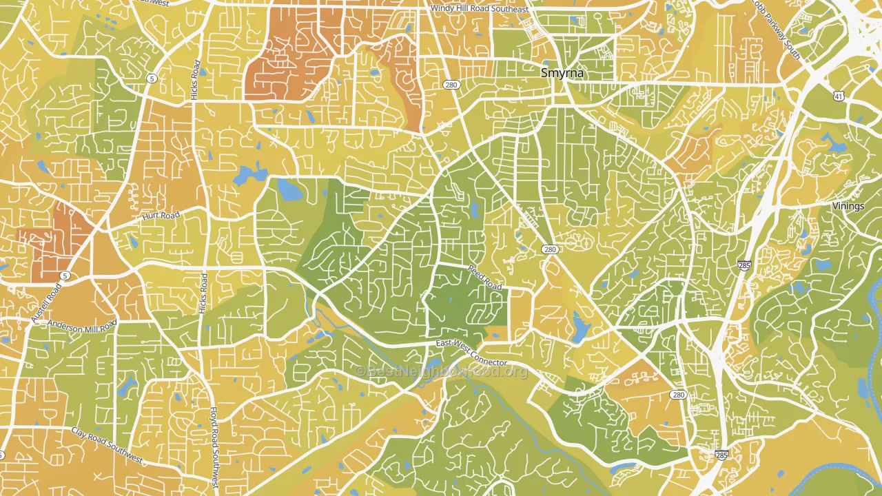Map of the best neighborhoods in the 30082 area, with better matches in green and worse matches in red