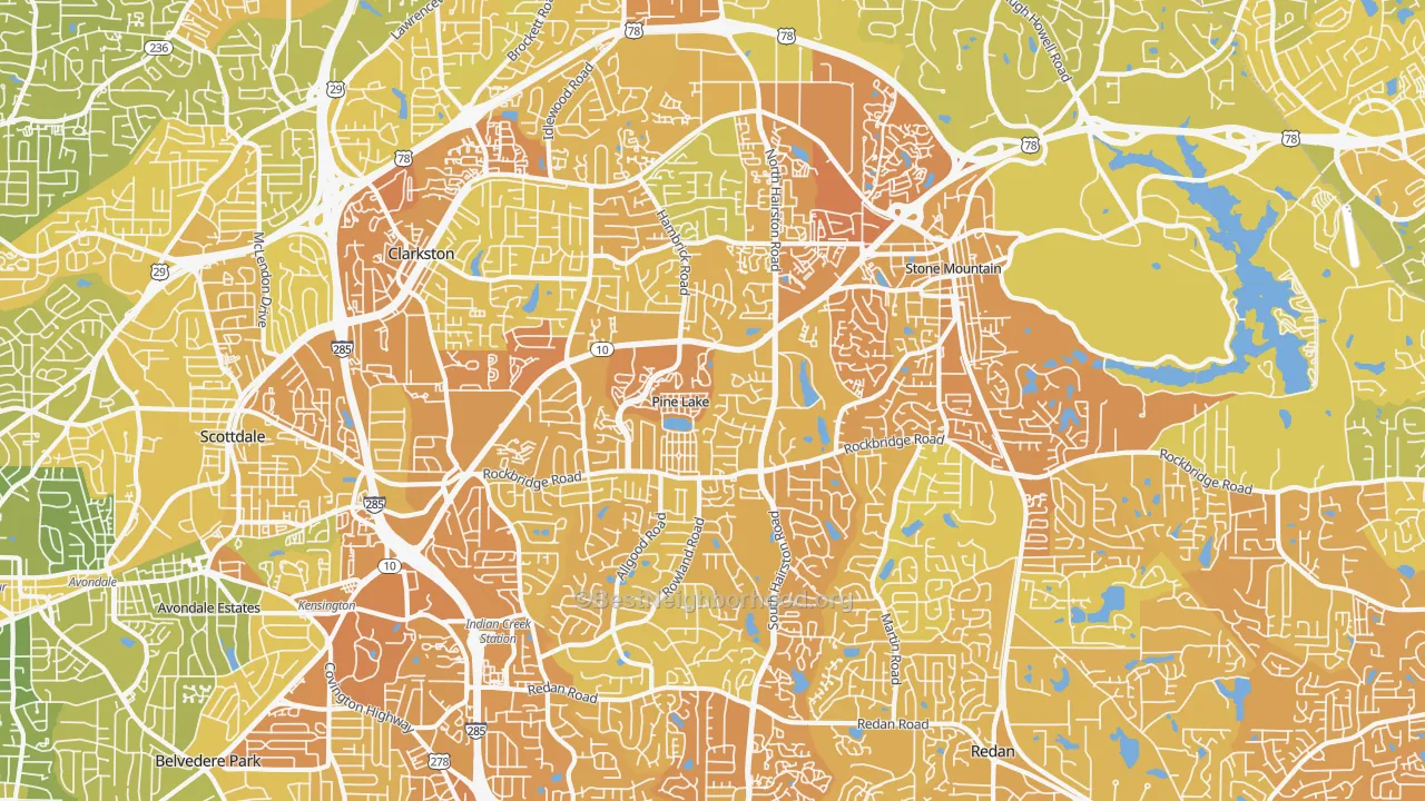 Map of the best neighborhoods in the 30083 area, with better matches in green and worse matches in red