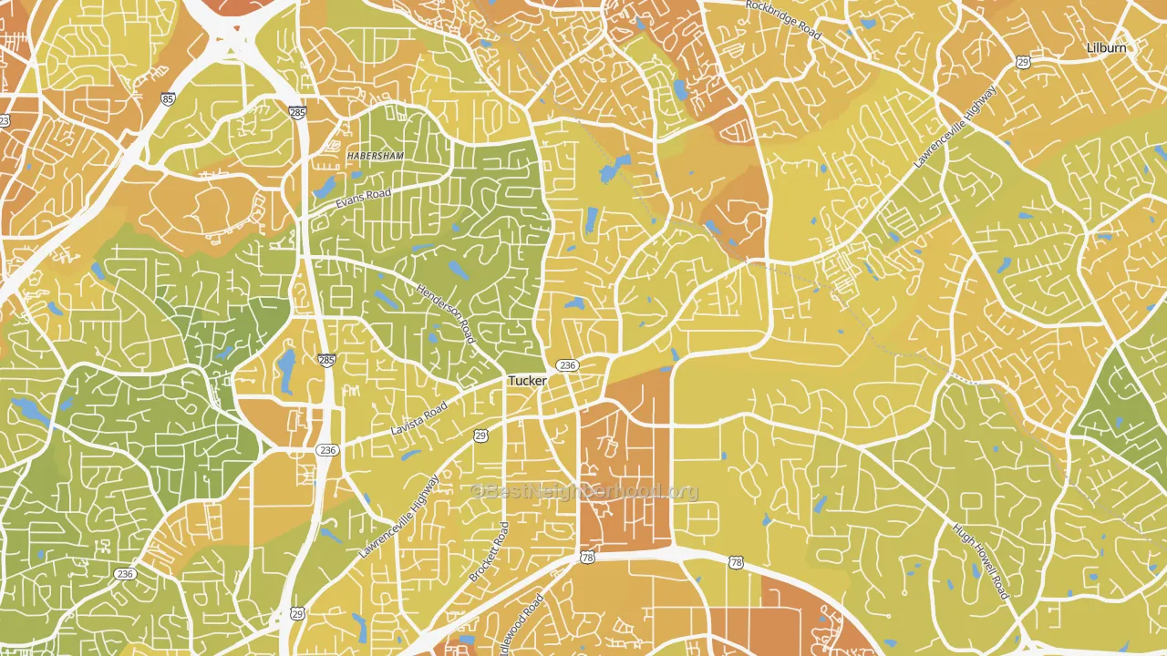 Map of the best neighborhoods in the 30084 area, with better matches in green and worse matches in red