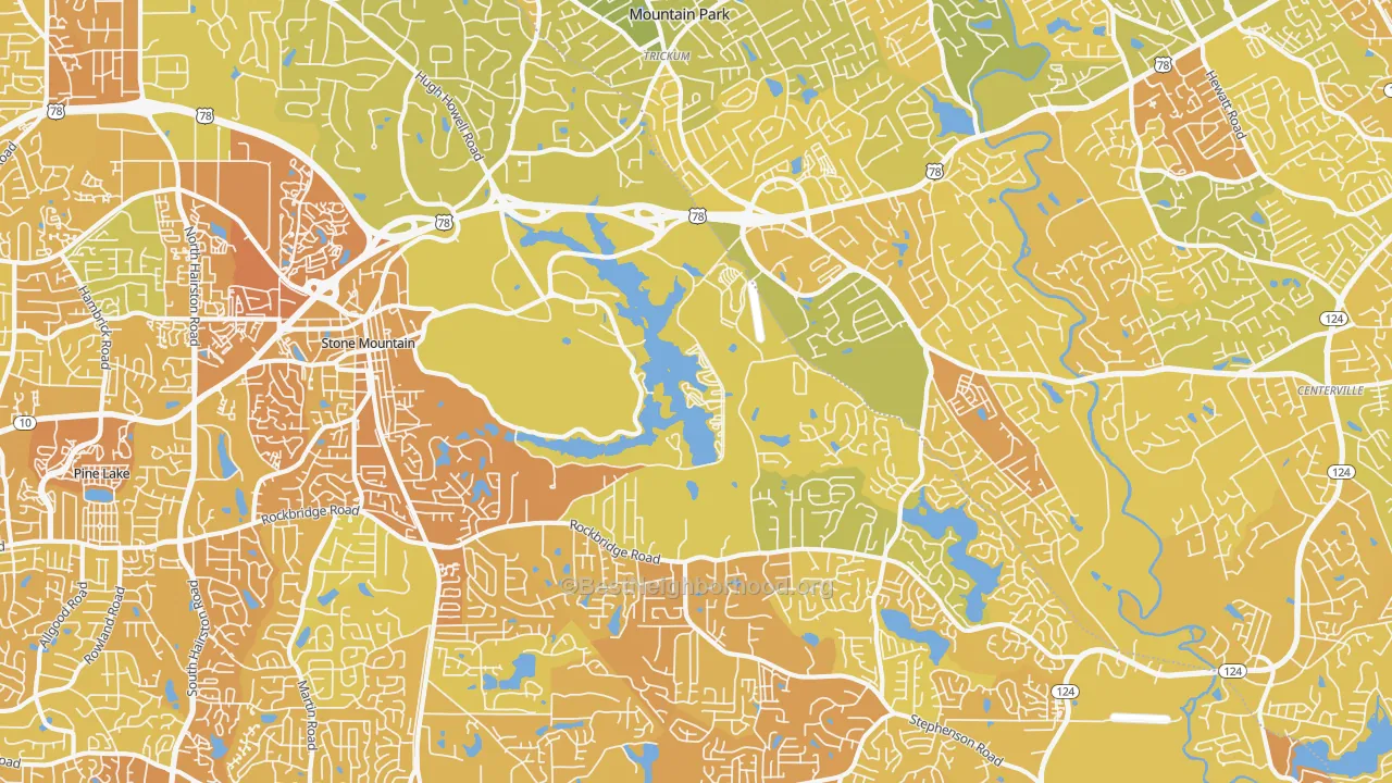 Map of the best neighborhoods in the 30087 area, with better matches in green and worse matches in red