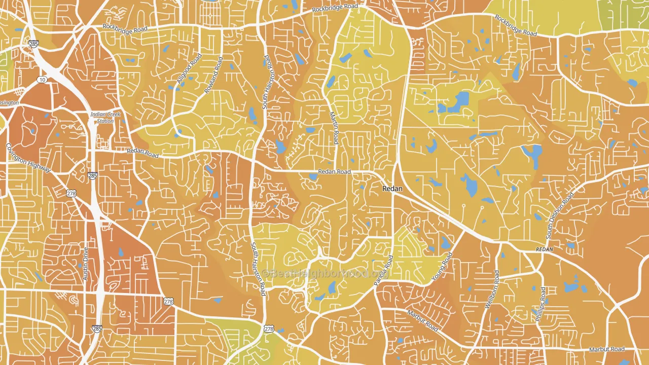 Map of the best neighborhoods in the 30088 area, with better matches in green and worse matches in red