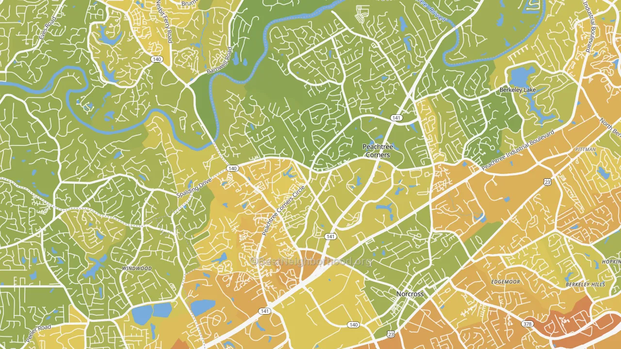 Map of the best neighborhoods in the 30092 area, with better matches in green and worse matches in red