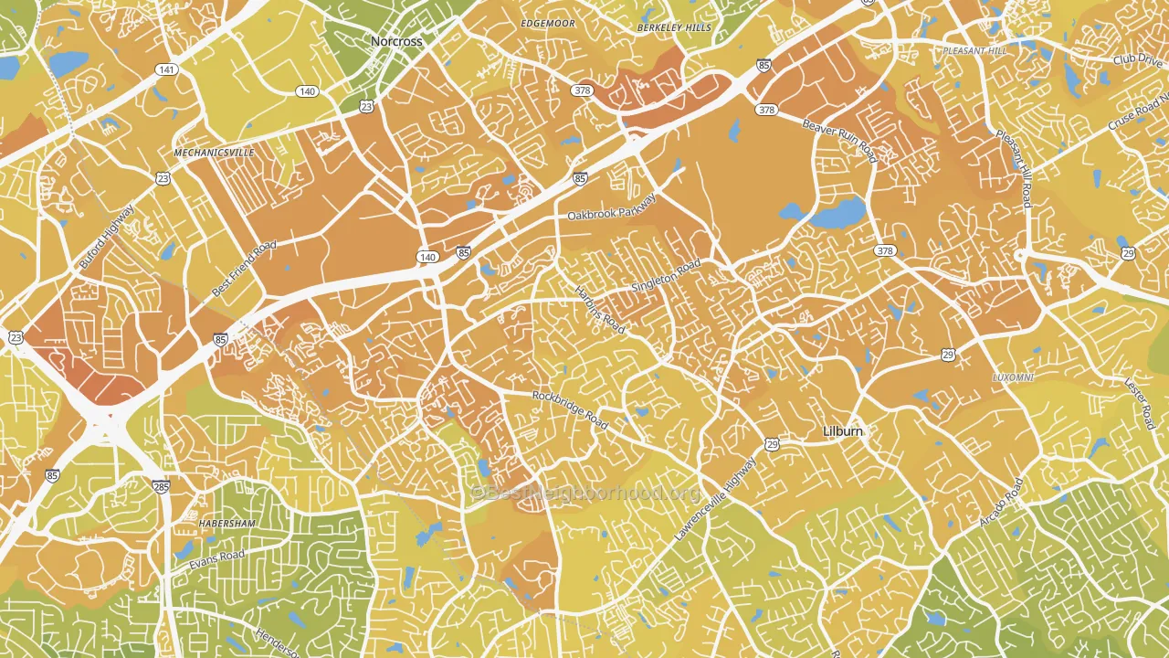 Map of the best neighborhoods in the 30093 area, with better matches in green and worse matches in red