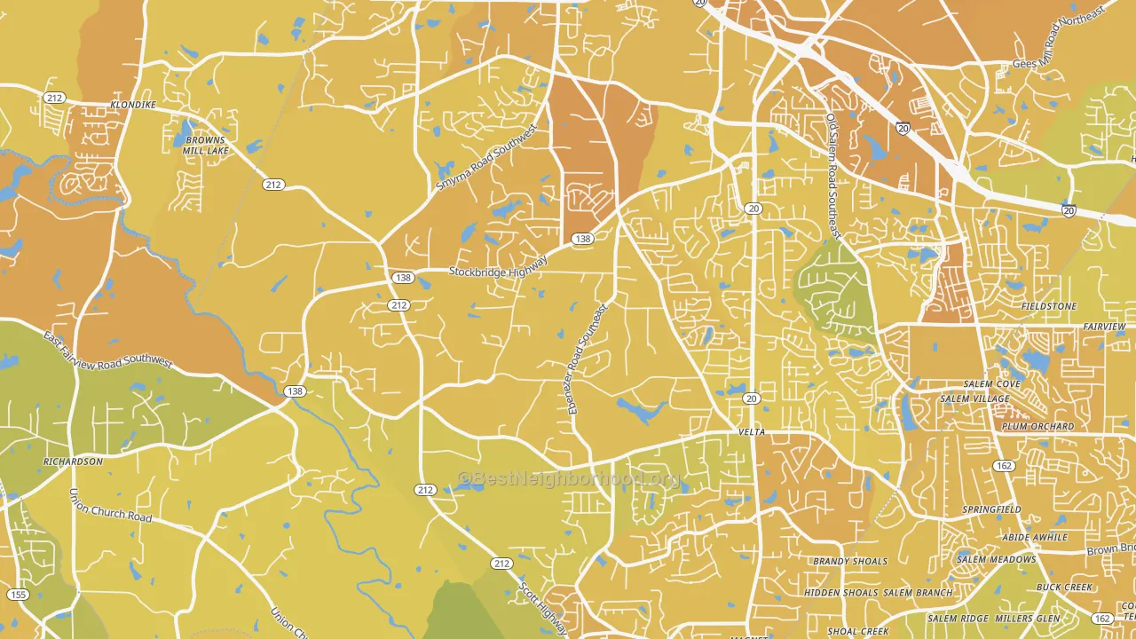 Map of the best neighborhoods in the 30094 area, with better matches in green and worse matches in red