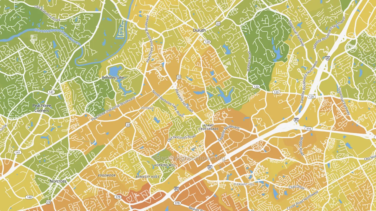 Map of the best neighborhoods in the 30096 area, with better matches in green and worse matches in red