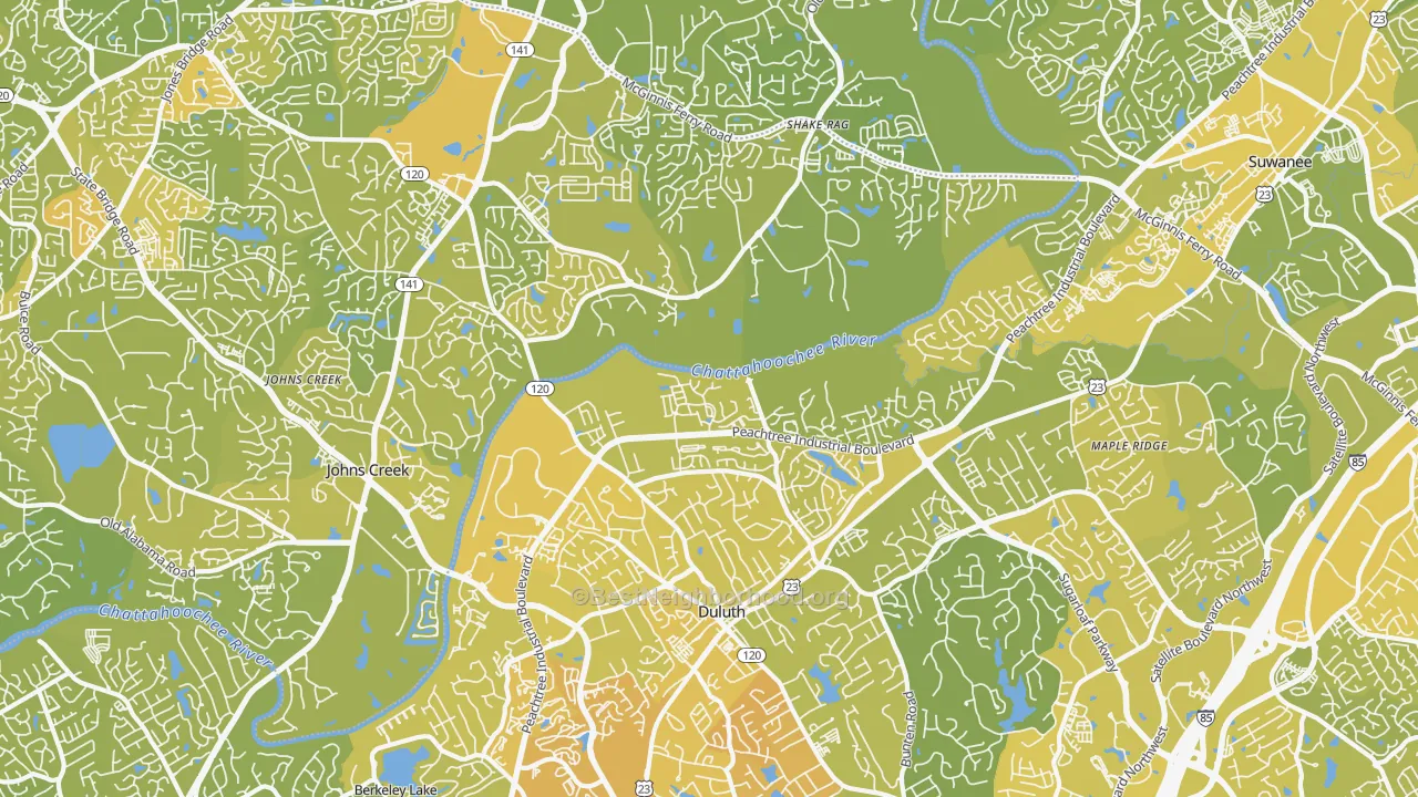 Map of the best neighborhoods in the 30097 area, with better matches in green and worse matches in red
