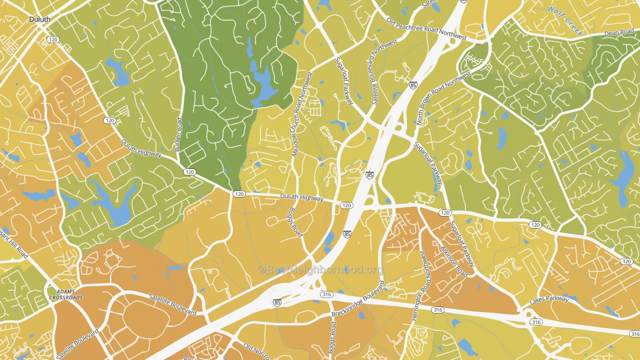 Map of the best neighborhoods in the 30099 area, with better matches in green and worse matches in red