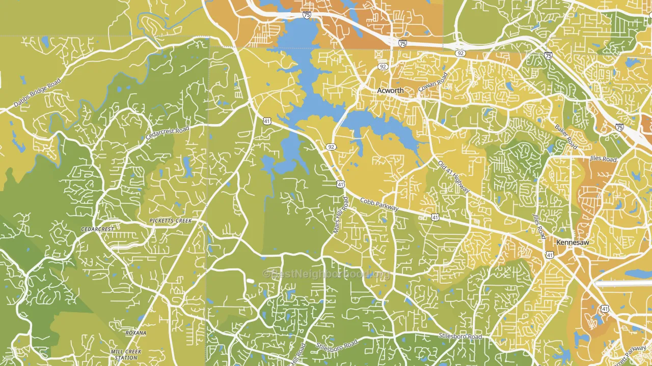 Map of the best neighborhoods in the 30101 area, with better matches in green and worse matches in red