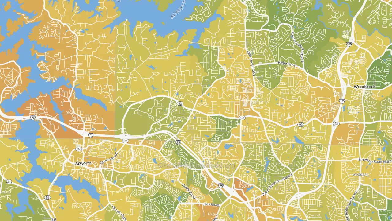 Map of the best neighborhoods in the 30102 area, with better matches in green and worse matches in red