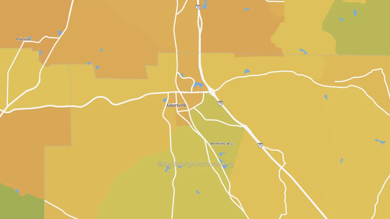 Map of the best neighborhoods in the 30103 area, with better matches in green and worse matches in red
